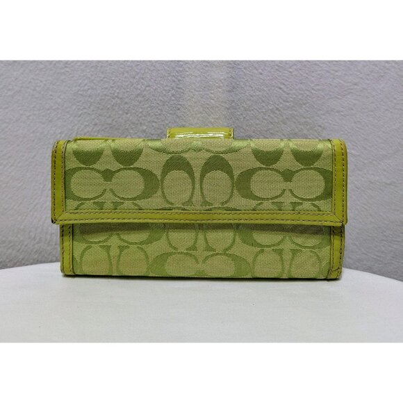 Coach Signature Canvas Patent Leather Turn Lock Long Wallet Lime Green Silver - Picture 2 of 12